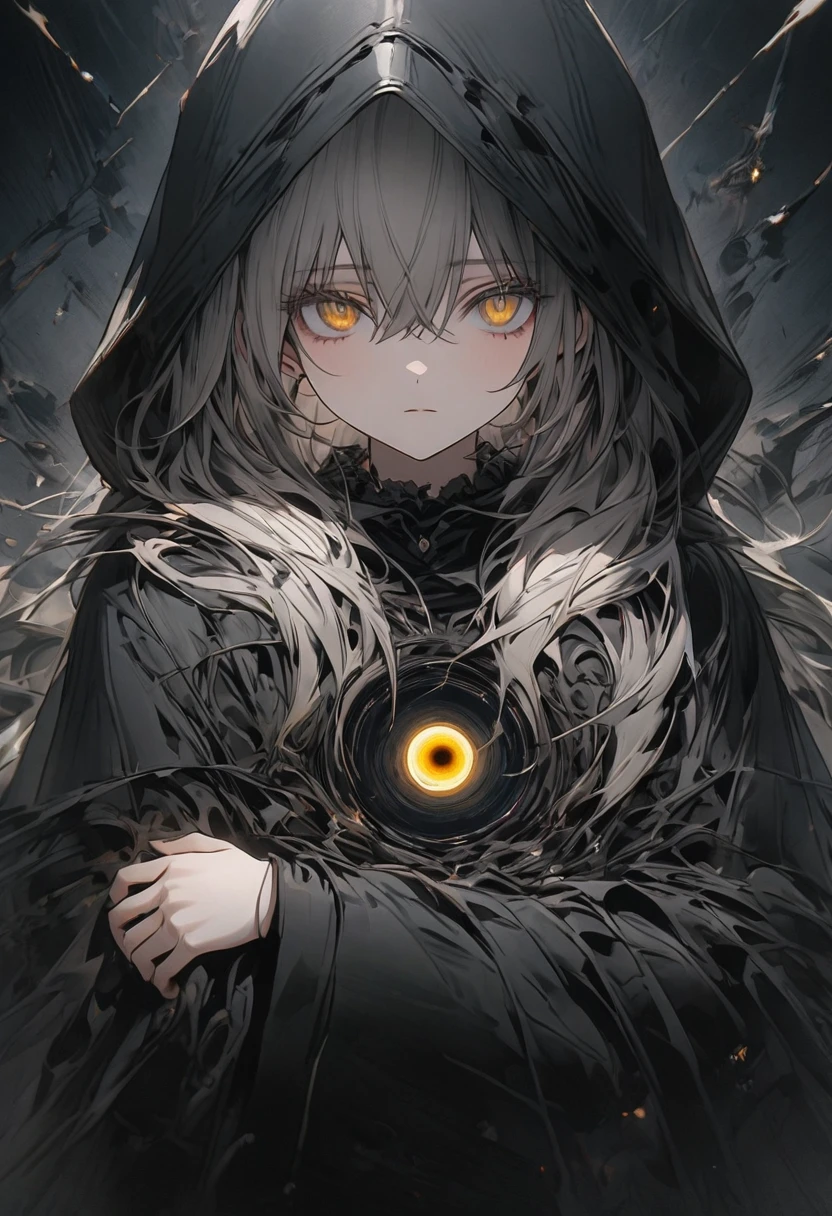 beauty,8k,Pitch black,Gray Hair,Black Robe,Black hood,Detailed yellow eyes,big,Expressionless,Embrace the black hole with both hands,forerunner,20-year-old,Everything is sucked in