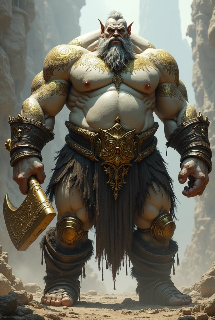 ((best quality)), ((masterpiece)), (detailed), goliath, huge ogre, white skin, gold tattoos in skin, massive gold axe in right hand, heavy leather armour, noble, powerful, intense