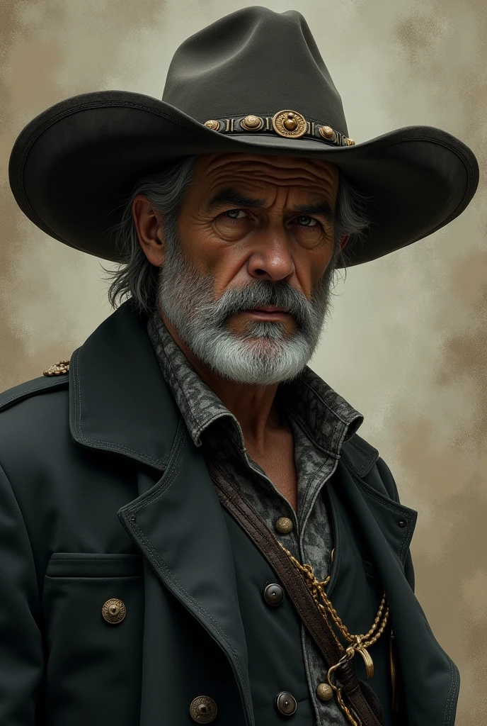 Middle-aged man with an authoritarian face, a rugged but delicate physical build, a penetrating gaze with a typical landowner&#39;s hat but fine Mexican-style clothing, looking like a dead person 