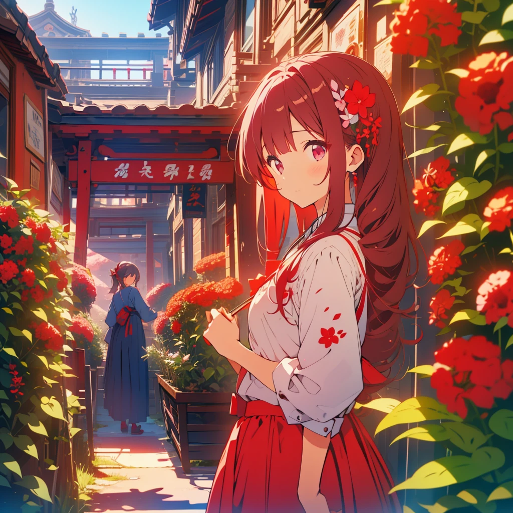 Red salvia flowers blooming、Girl