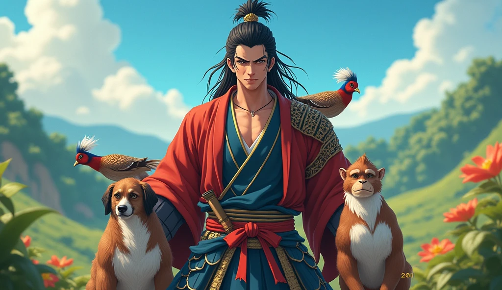 (best quality, masterpiece, ultra detailed, ultra high res, photorealistic, raw photo, absurdres, absolutely resolution), His name is Momotaro、A young, muscular, handsome samurai、dog、monkey、Pheasants too