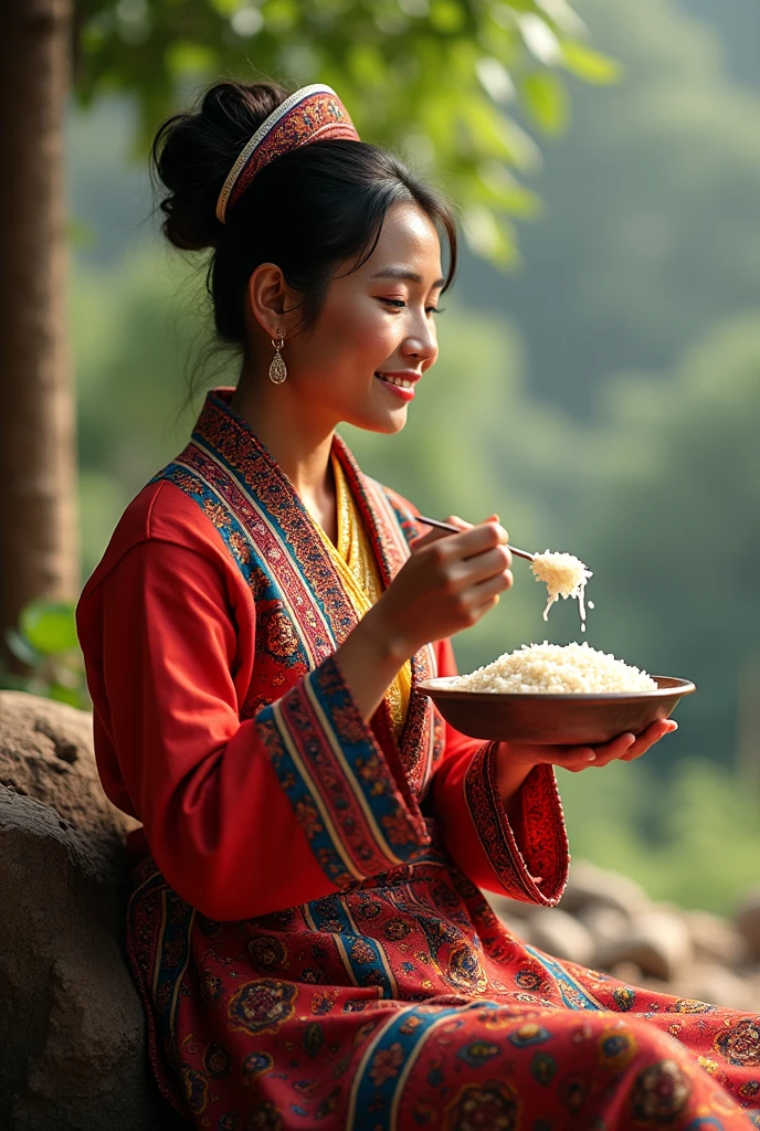 Wearing Burmese Zomi Traditional Dress eating Rice