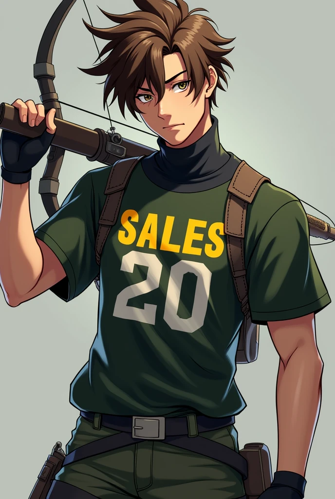 Anime theme brown hair color military cut green black turtleneck shirt with the name SALES 20 in capital letters and a bow and arrow hunter style 3D male character