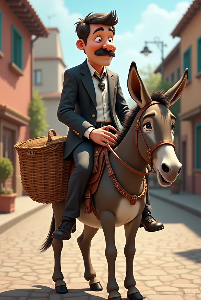 Create an image of a mayor on a donkey with a saddlebag and basket