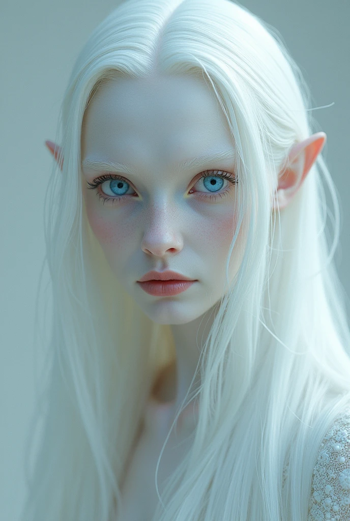 An albino man with long hair and blue eyes 
