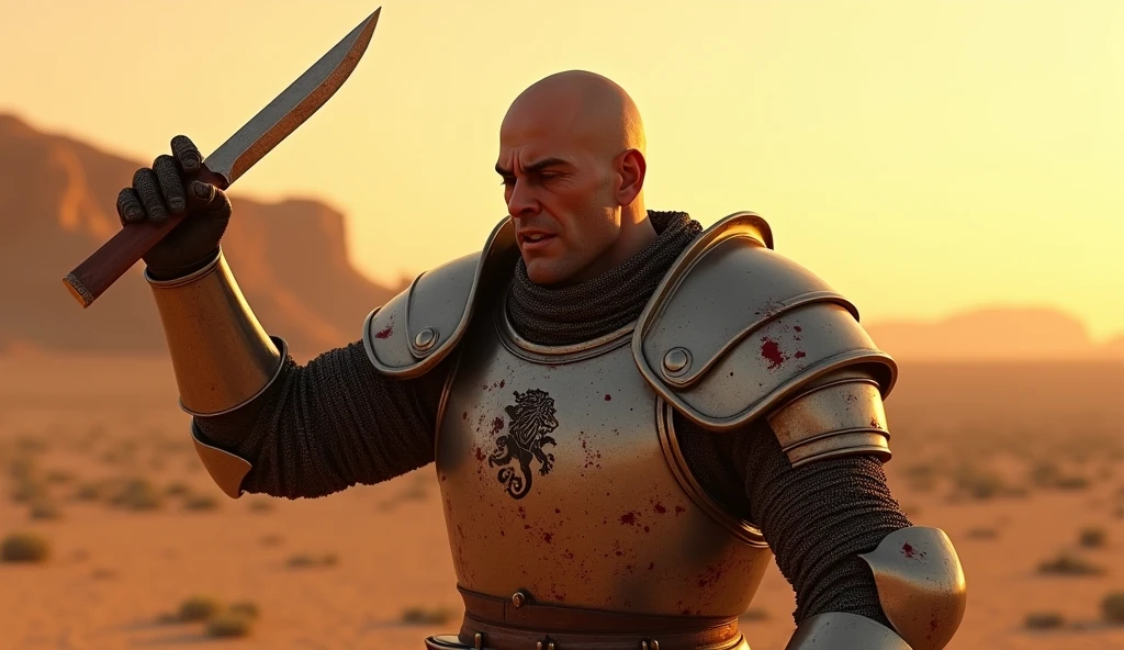 A highly realistic, high-contrast, 8K HD, detailed, hyper-detailed image of Tadakoro, a medieval knight with a shaved head, raising a small knife in a fierce and determined strike. Tadakoro is dressed in steel armor, featuring the exact lion emblem as shown in the provided image, prominently displayed on his chest. The scene takes place in a desert at sunset, where the golden hues of the setting sun illuminate the barren landscape. The atmosphere is intense, with Tadakoro's face reflecting pain and resolve as he wields the knife. The armor, with the lion emblem clearly visible, is splattered with blood, adding to the raw emotion and drama of the moment. The knife itself remains clean, free from any blood. The image is of the highest quality, with ultra-high resolution, RAW photo quality, and Unreal Engine rendering, capturing the essence of Tadakoro’s struggle and determination.