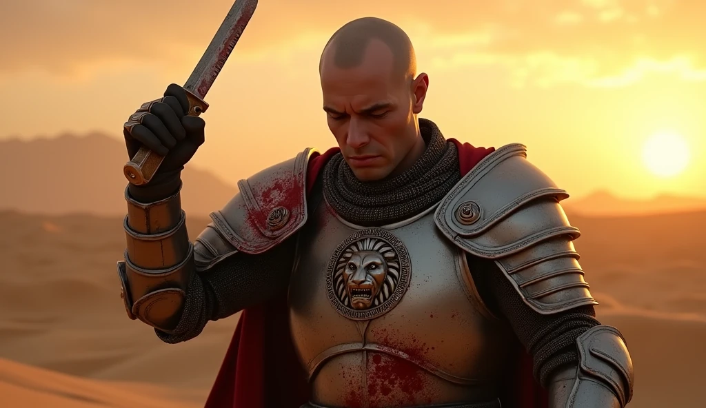 A highly realistic, high-contrast, 8K HD, detailed, hyper-detailed image of Tadakoro, a medieval knight with a shaved head, raising a small knife in a fierce and determined strike. Tadakoro is dressed in steel armor, featuring the exact lion emblem as shown in the provided image, prominently displayed on his chest. The scene takes place in a desert at sunset, where the golden hues of the setting sun illuminate the barren landscape. The atmosphere is intense, with Tadakoro's face reflecting pain and resolve as he wields the knife. The armor, with the lion emblem clearly visible, is splattered with blood, adding to the raw emotion and drama of the moment. The knife itself remains clean, free from any blood. The image is of the highest quality, with ultra-high resolution, RAW photo quality, and Unreal Engine rendering, capturing the essence of Tadakoro’s struggle and determination.