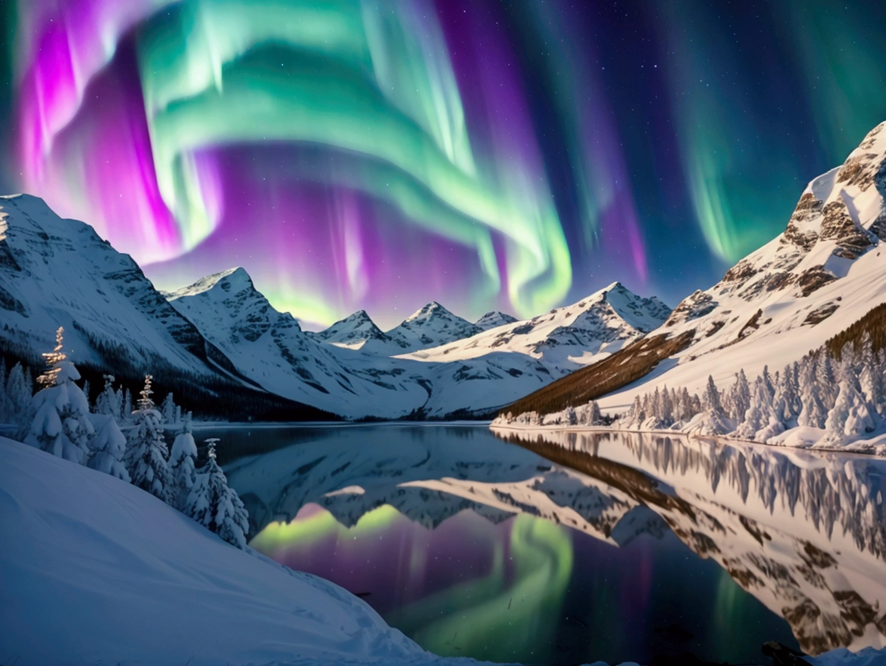 Aurora Borealis Sky、Snowy Mountain、lake、Photogenic beauty、Real