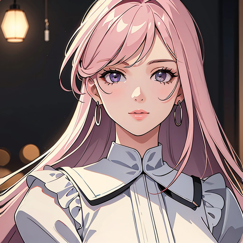 (masterpiece, high quality, 4k:1.4), 1girl, solo, pink hair, brown eyes, double-parted bangs, long hair, (mature female, mature:1.2), mole under eye, earrings, brown jacket, white dress, close up, detailed face, beautiful detailed eyes, beautiful detailed lips, extremely detailed face, long eyelashes, intricate details, cinematic lighting, warm color palette, dramatic lighting