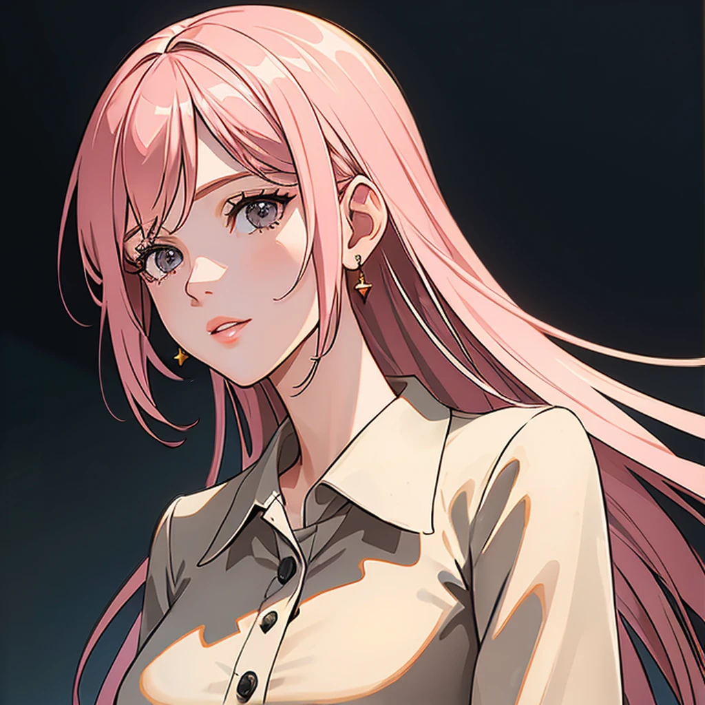 (masterpiece, high quality, 4k:1.4), 1girl, solo, pink hair, brown eyes, double-parted bangs, long hair, (mature female, mature:1.2), mole under eye, earrings, brown jacket, white dress, close up, detailed face, beautiful detailed eyes, beautiful detailed lips, extremely detailed face, long eyelashes, intricate details, cinematic lighting, warm color palette, dramatic lighting