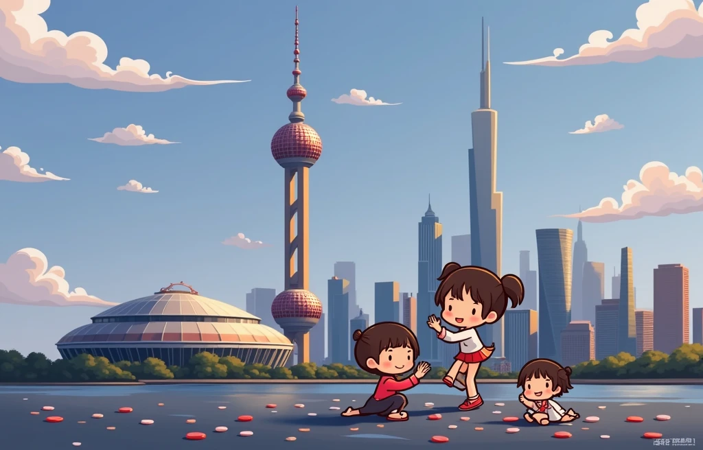 chibi 2d,Cartoon Style，Shanghai Oriental Pearl，landscape