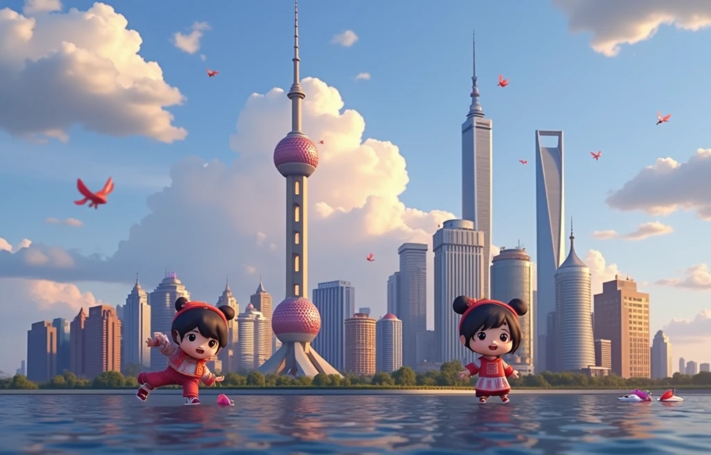 chibi 2d,Cartoon Style，Shanghai Oriental Pearl，landscape