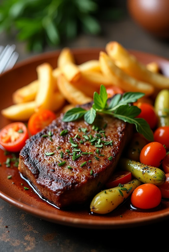 Well-cooked beef heart sautéed with vegetables and served with well-fried fries