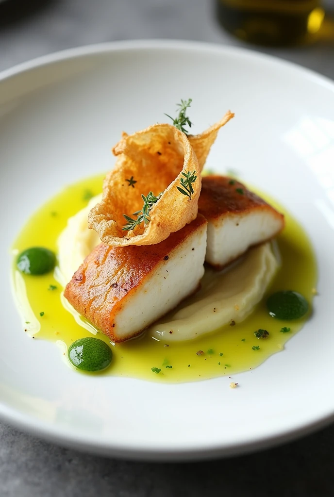Fish dish with potato sauce, green olive oil, crispy fish skin