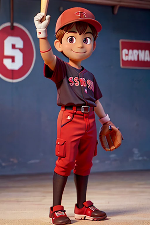 The image shows a brown-eyed boy standing with a smile against a neutral background. He is wearing a Red Sox baseball uniform consisting of a shirt and matching cap. In his left hand, he holds a catcher's mitt.