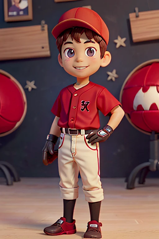 The image shows a brown-eyed boy standing with a smile against a neutral background. He is wearing a Red Sox baseball uniform consisting of a shirt and matching cap. In his left hand, he holds a catcher's mitt.