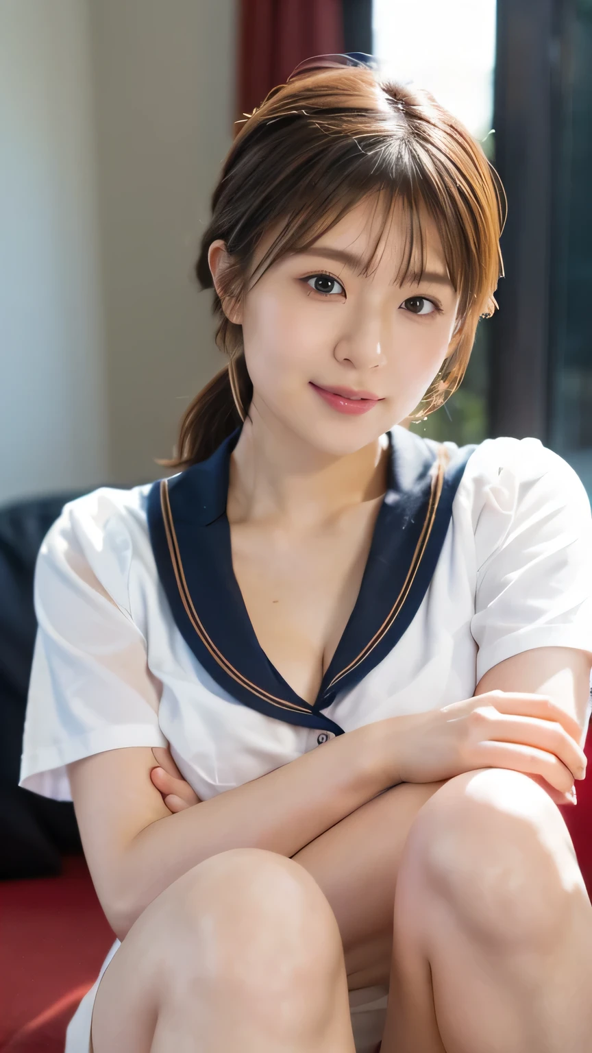 masterpiece, Highest quality, 8k,Ultra-high resolution、(((Head to knee photo)))、Small breasts, cute, alone, smile、 cute, Girlish, cute、Delicate, Pure beauty, RAW Photos, Professional photography, Soft Light, Professional Lighting, Backlight, Looking into the camera, Sophisticated, Film Grain, (Eye and facial details:1.0), Floating Hair、ponytail、,Asymmetrical bangs, Round face、Young Face、(Small breasts:1.4)、Her cleavage is visible、Nipple protrusions are clearly visible:1.6、(((High School Uniform)))、Voluptuous thighs、Translucent white skin、dolly make、(Heterochromia iridis、The left and right eyes are different colors)