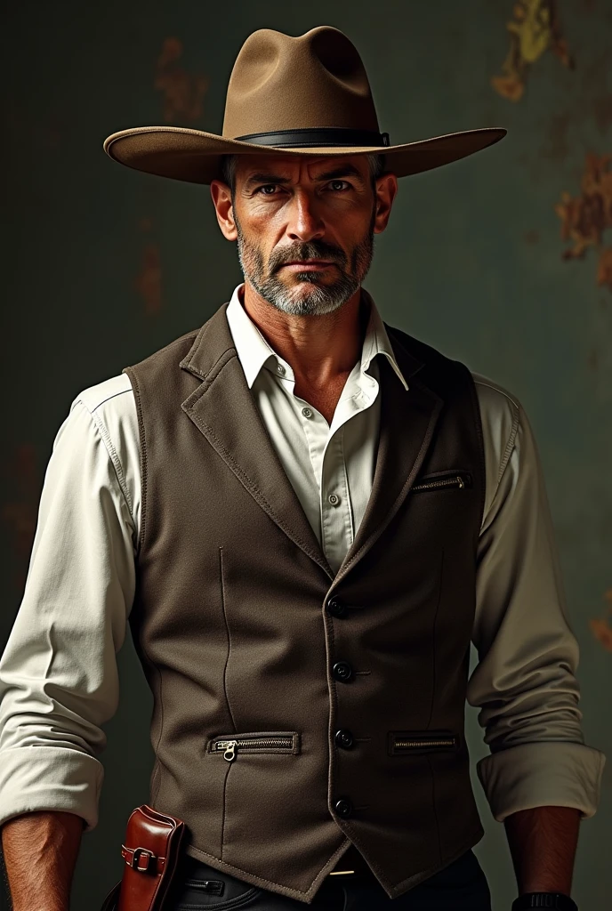 Middle-aged man with an authoritarian face, a rugged but delicate physical build, a penetrating gaze with a typical landowner&#39;s hat but fine Mexican-style clothing in a grave  