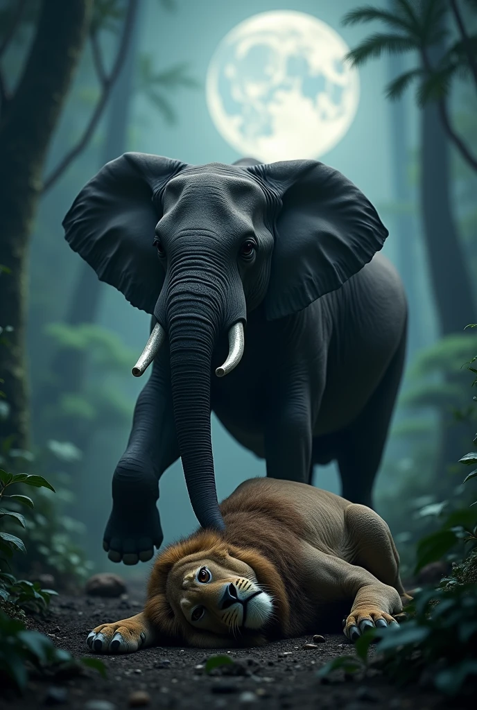 In a moonlit jungle, a lion lies dead on its back with its legs spread open. An elephant stands with one foot on the lion’s stomach and the other foot behind the lion. Both of their faces are facing forward.