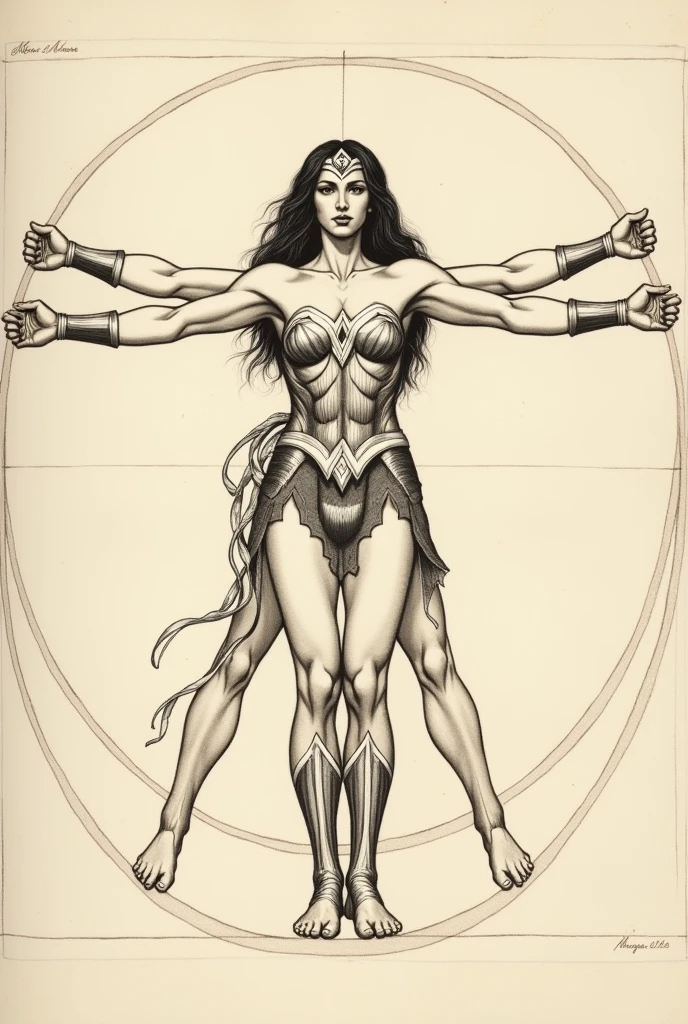 Wonder woman style Vitruvian Man drawing by Leonardo da Vinci
