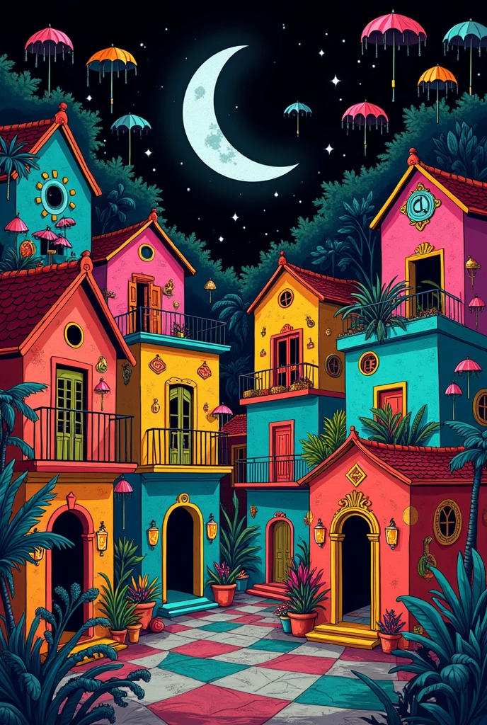 esrilo cordel drawing black background and colored elements houses frevo umbrellas carnival lyrical blocks omen of midnight and things that remind the city of olinda pe