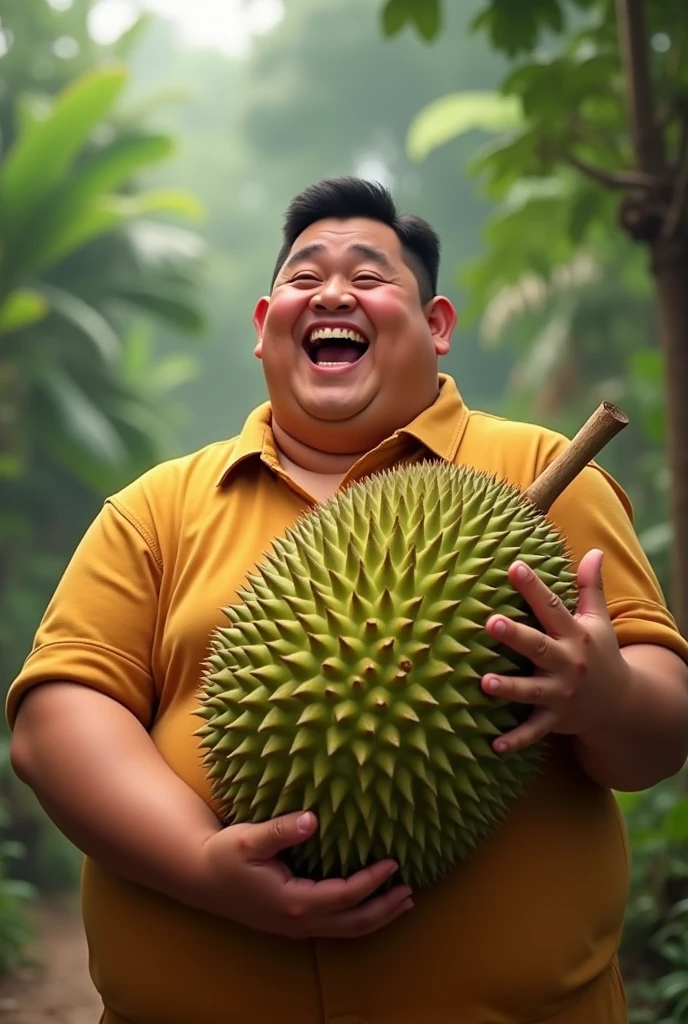 A young tanned skin chubby man smiling while holding a "musang king" durian