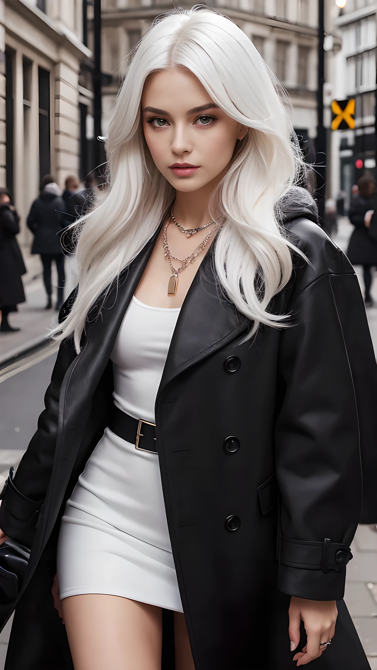 1 girl, 1, European style,Single person, long hair, prominent lips, looking at white hair, fashionista, brown eyes,Whole body, necklace, Black coat, practical and sexy,professional model,london