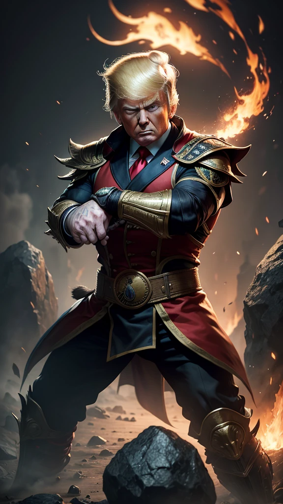 (Best quality:1.1), ((Donald Trump)) as a mortal Kombat character, firing, hdr, (highly detailed facial texture), mortal Kombat background, lights, rocks, armory, 