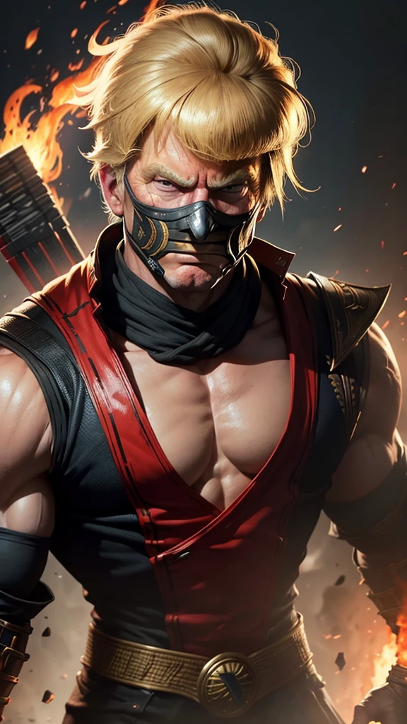 (Best quality:1.1), ((Donald Trump)) as a mortal Kombat character, firing, hdr, (highly detailed facial texture), mortal Kombat background, lights, rocks, armory, 