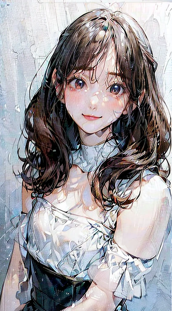 (Highest quality、8k、32K、masterpiece)、(Realistic)、(Photorealistic:1.2)、(High resolution)、Very detailed、Very beautiful face and eyes、1 person、Round and small face、Narrow waist、Delicate body、(Highest quality、Attention to detail、Rich skin detail)、(Highest quality、8k、Oil paints:1.2)、Very detailed、(Realistic、Realistic:1.37)、Bright colors、(((Curly Hair))), (((Long Hair))), (((Bust Shot)))、(((Small breasts)))、(((Even bangs)))、(((Pure white wall background)))、(((Pure white wall background)))、(((She has a happy expression)))、(((Strapless blouse))), (((Look straight ahead)))、(((The skirt is short)))、