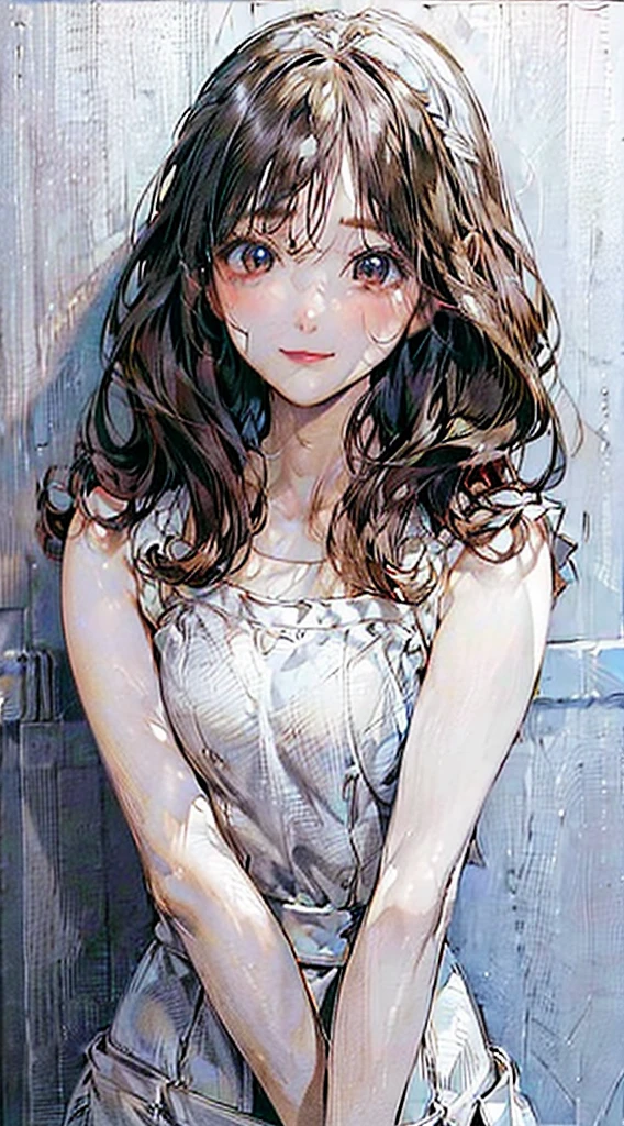 (Highest quality、8k、32K、masterpiece)、(Realistic)、(Photorealistic:1.2)、(High resolution)、Very detailed、Very beautiful face and eyes、1 person、Round and small face、Narrow waist、Delicate body、(Highest quality、Attention to detail、Rich skin detail)、(Highest quality、8k、Oil paints:1.2)、Very detailed、(Realistic、Realistic:1.37)、Bright colors、(((Curly Hair))), (((Long Hair))), (((Bust Shot)))、(((Small breasts)))、(((Even bangs)))、(((Pure white wall background)))、(((Pure white wall background)))、(((She has a happy expression)))、(((Strapless blouse))), (((Look straight ahead)))、(((The skirt is short)))、