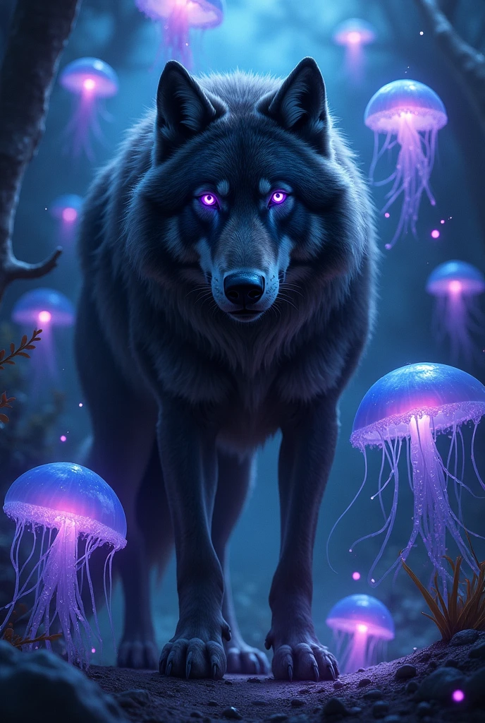 Dark wolf and big blue and purple jellyfish, romance, magie, lights, darkness background, 品質, wolf with purple and blue eyes, wolf in the middle, looking forward, the jellyfish around, big muscular wolf