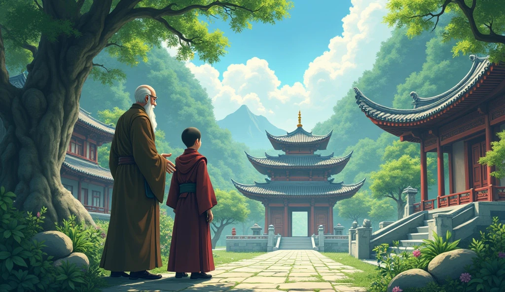 Chinese Old monk sensei standing, ​monk student, talking, surrounded by temples, beautiful trees, in anime style, beautiful scenario,
