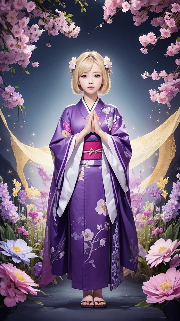 Full body facing forward、Look forward、Upper body only、Fantasy、Sparkle Effect, mysterious、Blonde Hair、Clasping hands、Half Up、High resolution, Flower pattern kimono、Low exposure、Background Purple


