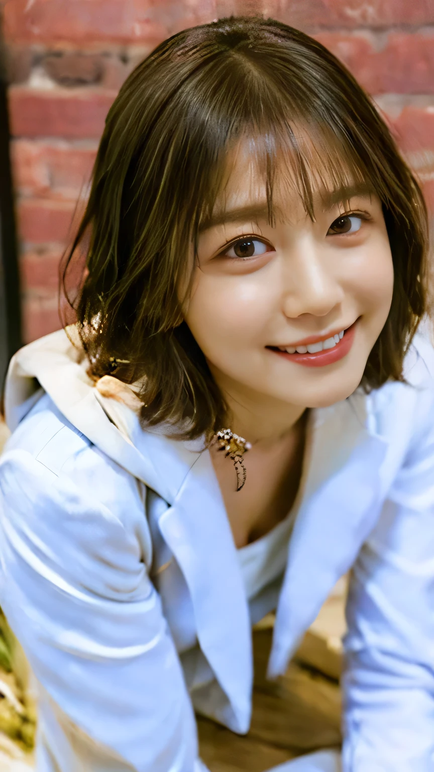 masterpiece, Highest quality, 8k,Ultra-high resolution、(((Head to knee photo)))、LD, Large Breasts, cute, alone, smile、 cute, Girlish, cute、Delicate, Pure beauty, RAW Photos, Professional photography, Soft Light, Professional Lighting, Backlight, Looking into the camera, Sophisticated, Film Grain, (Eye and facial details:1.0), Floating Hair、Short Bob、,Asymmetrical bangs, Round face、Young Face、(Large Breasts:1.4)、Her cleavage is visible、Nipple protrusions are clearly visible:1.6、(((suit:1.8)))、Voluptuous thighs、Translucent white skin、Natural Makeup、(Heterochromia iridis、The left and right eyes are different colors)