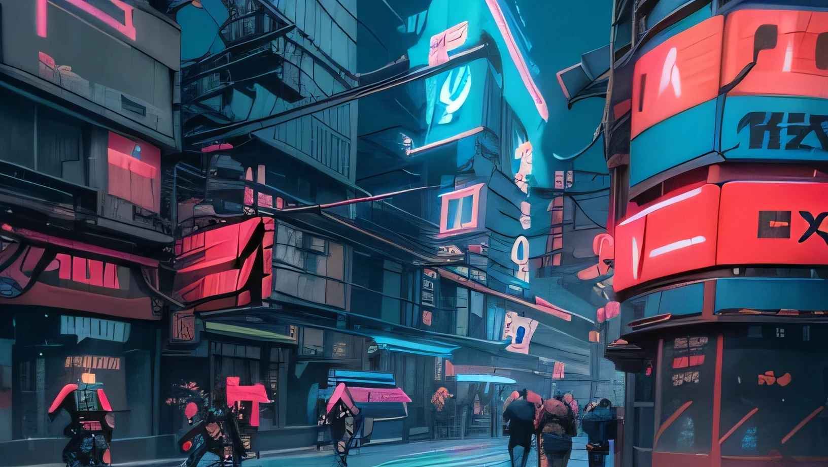 Cyberpunk, (1samurai), (2netrunners), (neon blue 1:1), best quality, (neon red 1:2), higher detail, masterpiece, grungy futuristic city, (ray trace), city lights, crowded streets, HDR, 4k, 8k, 3D