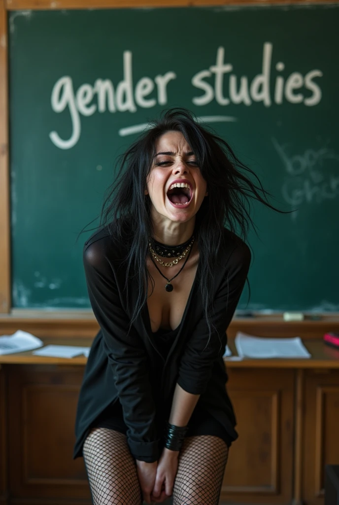 A sexy emo girl screaming in front of a classroom. A blackboard behind her says "Gender Studies" written in chalk