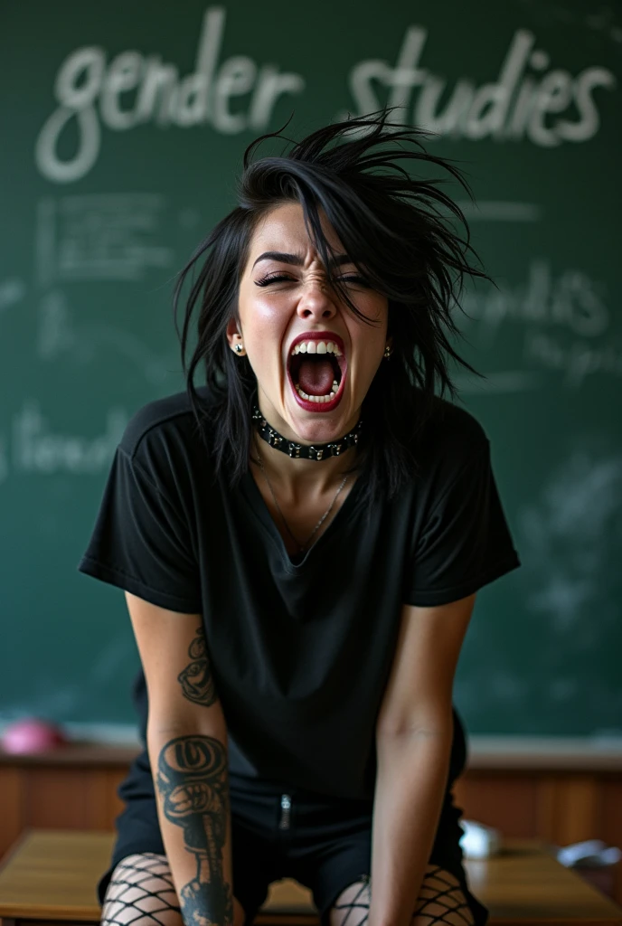 A sexy emo girl screaming in front of a classroom. A blackboard behind her says "Gender Studies" written in chalk
