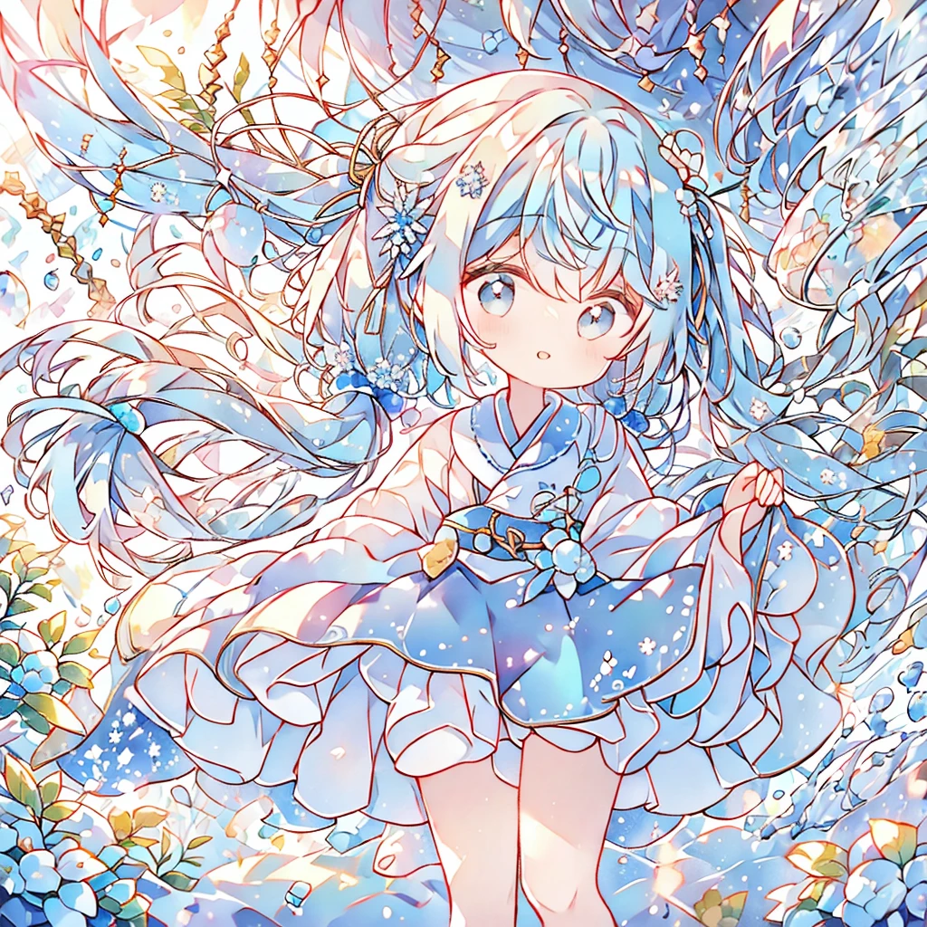 Long Hair, bangs, Blue Hair/Light blue hair, snowflake hair accessories,Twin tails,Headpiece, 