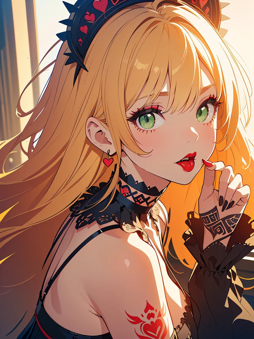 (work of art:1.3), (absurderes:1.3), (best qualityer:1.3), (8k), (large work of art digital art), (detailed manga illustration), (handled hair), Perfect Anatomia, (Sharp Eyeliner, ombre, detailedeyes:1.1), (details Intricate:1.3), (ultra detali:1.3), (illustration:1.3), (sharp focus:1.3), (natural lighting:1.05), (bright coloured:1.3), 1 girl, (Leprechaun, mature woman, milf:1.2), (long hair, tatoo, greeneyes, gothic makeup, Red lips:1.3, hair blonde, Punk Cut:1.3), thick eyelashes, (finely-detailedeyes:1.1), hearts, breasts big, black choker, neckleace, gaping mouth, tongue out, dripping saliva, trunk, close up, ass pov, leaning forward, OK signal, hands up,