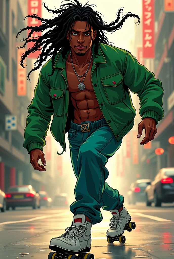 manga character, man, peau noir, long braided hair, green jacket , roller dancer