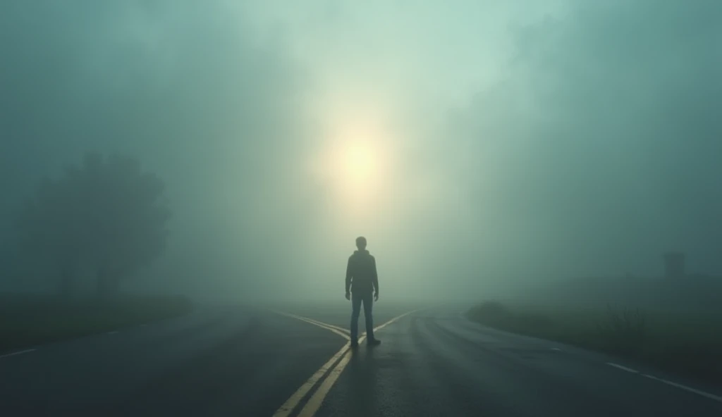 A person standing at a crossroad in a dense fog, looking up with a puzzled yet trusting expression, while a subtle light guides the way, symbolizing trust without full understanding. ar 16:9