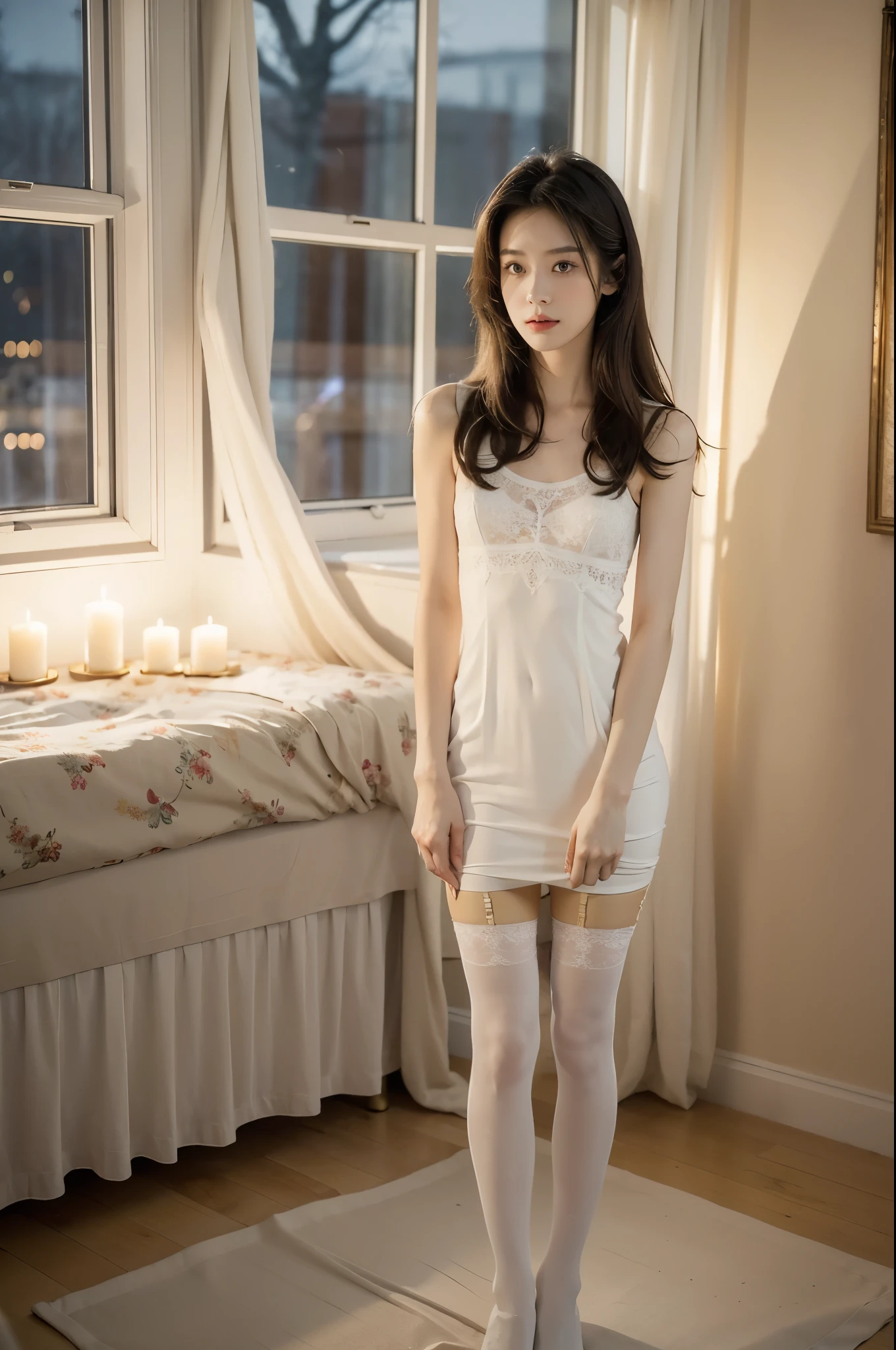 (((best quality))),(((ultra detailed))),(((masterpiece))),illustration,((1 beautiful girl,solo)),(long straight bob:0.8),((slim,thin)),((small breasts,flat chest)),(standing:1.3),(in bedroom:1.3),(white sheer dress:1.3),(stockings:1.3),(slender legs:1.2),distant look,lost in thought,tastefully decorated,warm,inviting color palette,soft beige walls,luxurious comforter,deep gold color,nightstand,lamp,book,dresser,open window,glimpse of garden,calm atmosphere,peaceful,underlying tension,confusion,internal conflict,stark contrast,warmth of room,coldness of gaze,introspection,inner turmoil,complex emotions,(night scene:1.5),((from front,upper body))