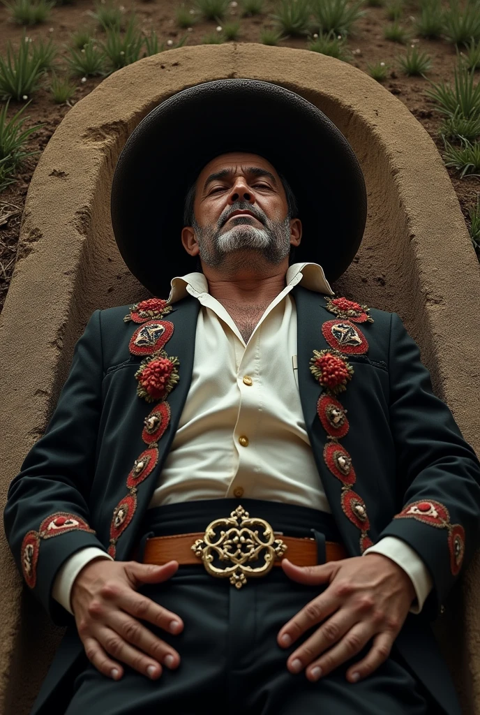 Middle-aged man with an authoritarian face, a rough but delicate physical build, a penetrating gaze with a typical landowner's hat but fine Mexican-style clothing, lying on a grave, dead