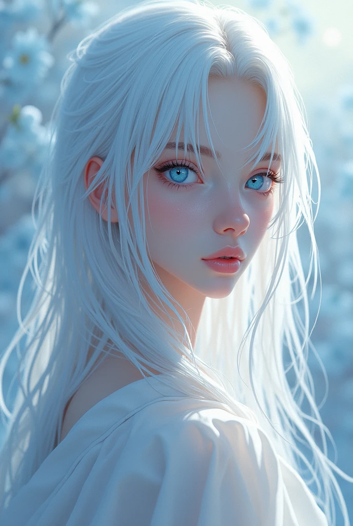 An albino anime boy with long hair and blue eyes 
