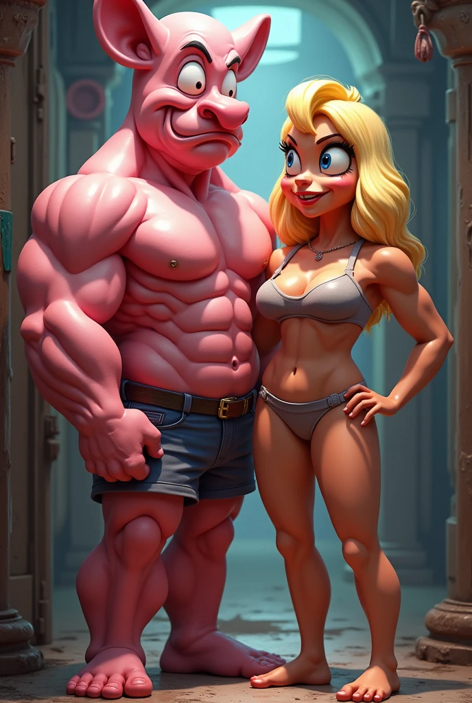 Photorealistic nude couple of a curvy girl being grappled tightly by GIANT HYPERSIZED TALL hypermuscular man standing with hyper penis and testicles . ABSOLUTELY HYPER OVERSIZED MAN, short girl , hyper size difference .GYM.Intense moaning .Guy wears black shoes .Girl fondling his tight toned chest .GUY EMBRACING HER