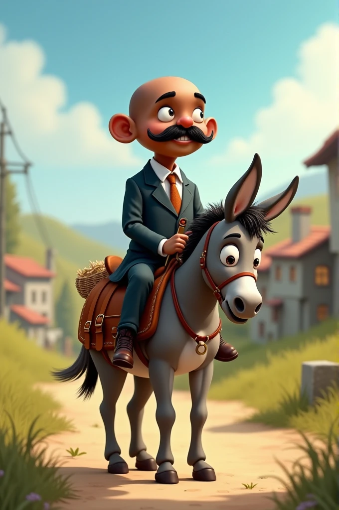Create an image of a short, bald, dark-skinned mayor with a mustache on a donkey with a saddlebag and a basket