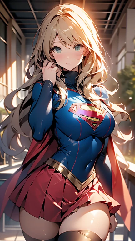Browsing Caution: 1.5, masterpiece, 最high quality, high quality, High resolution, high quality textures, high quality shadows, High resolution, Beautiful details, Extremely detailed CG, Detailed Texture, Realistic representation of faces, Realistic, colorful, delicate , Cinema Lighting, Side light, Lens flare, Ray Tracing, sharp concentrated, Supergirl, ((最high quality, masterpiece, Absurd, 8k)), 1 person, alone, 2,Supergirl(Helen Slater), Huge , Huge breastsHair down to her hips, Long Hair,low hair, Voluminous Hair, White skin color, Green Eyes, Bright, expressive eyes, Huge breasts, she igirl, Supergirl , japanese sailor school uniform female Supergirl, Costume Schoolgirl,Stockings 7/8 ,supermansuit, blush, Embarrassed expression, A shy smile, Building terrace, Daytime, cute, young woman, Hands Behind Back) (1 personの, __concentrated__:1.3), (Intricate details, compensate , Pure Eros Face_v1:0.5), (delicate beautiful face with details, 細部まで美しいdelicateな目, Perfect Facial Proportions, dense skin, The ideal ratio of 4 fingers to 1 thumb, Place your arms under your chest, Huge breasts, mini skirt,Ue skirt,Wide Hips, Flat epigastric , thin, Dressed, blonde: 1.3), bed, Without hands, Perfect Eyes, Detailed eyes, Showing your belly button, sexy, Cleavage、Depice whole y