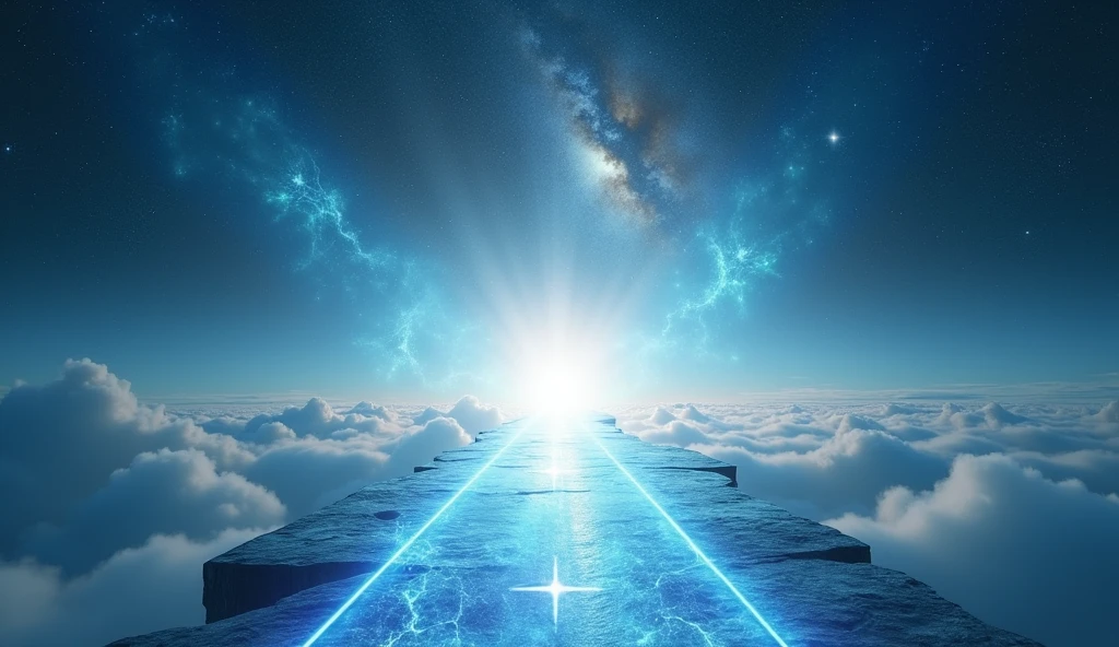A breathtaking and ethereal scene, representing a high-dimensional guide leading the way to soul awakening and transformation. The background is a radiant, otherworldly landscape with soft, glowing light, featuring cosmic elements like faint stars and swirling nebulae. The central focus is a luminous pathway or energy bridge extending toward a vast horizon, symbolizing a gateway to a higher dimension. The atmosphere is mystical, serene, and awe-inspiring, dominated by a color palette of soft blues, whites, and blacks, creating a sense of calm, anticipation, and divine guidance.