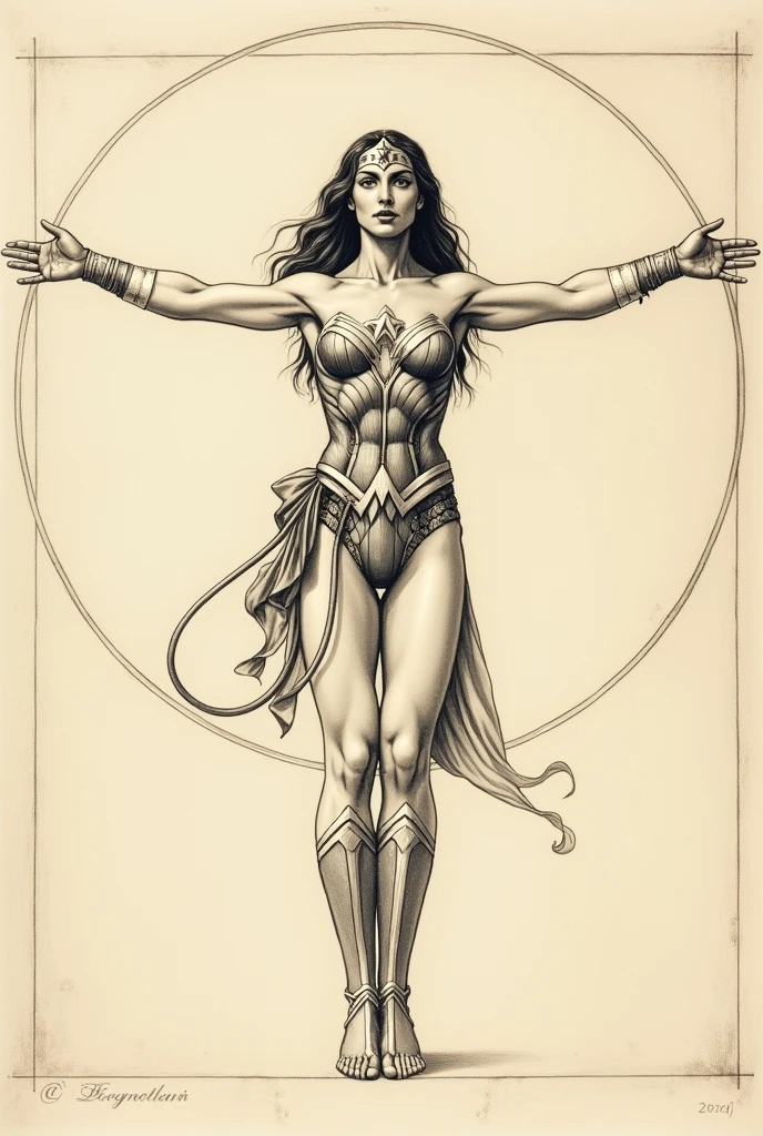 Wonder woman style Vitruvian Man drawing by Leonardo da Vinci
